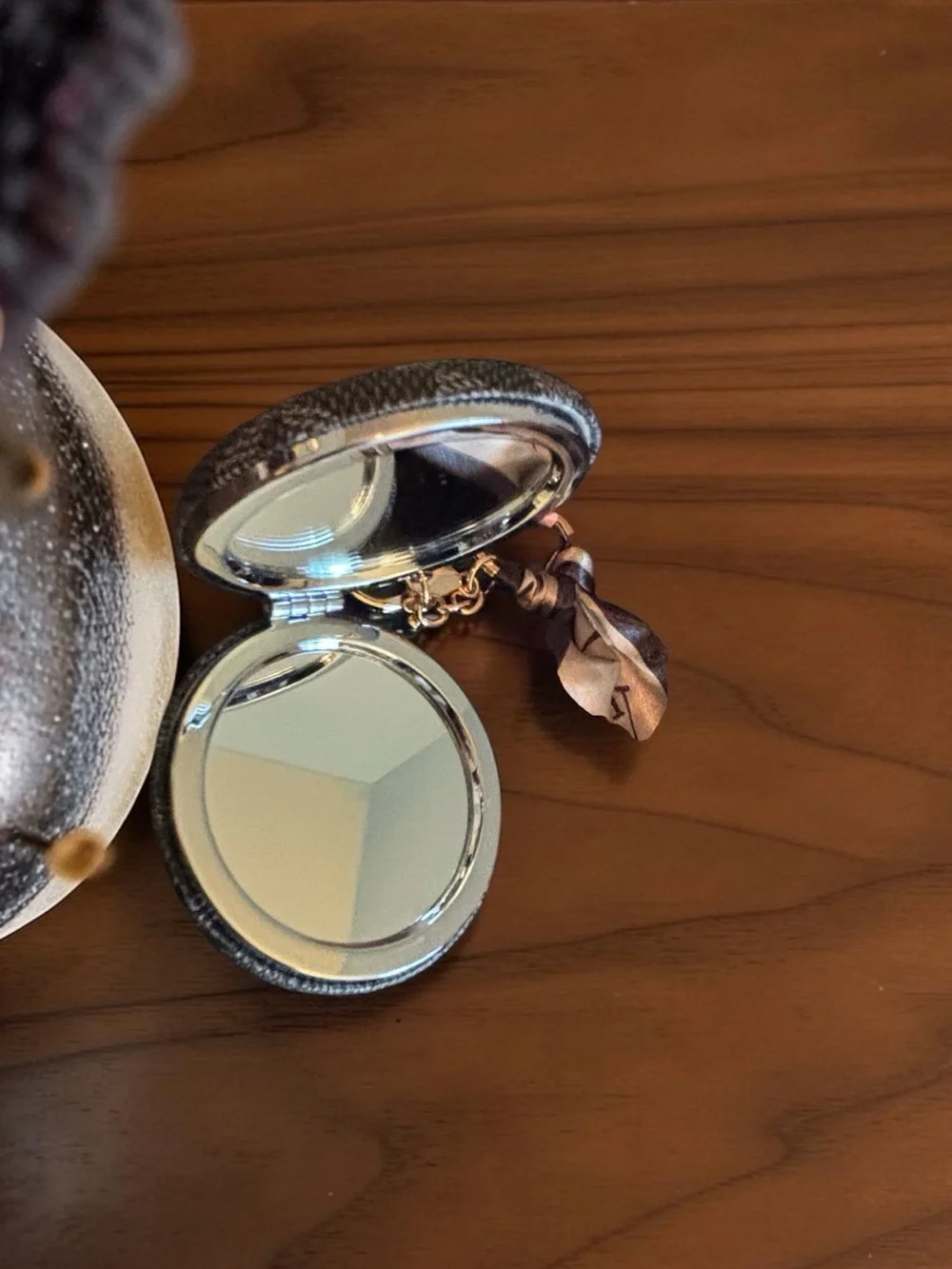Portable Grey/Black Compact Double Sided Mirror Keychain w/ Ribbon- S/H Discount